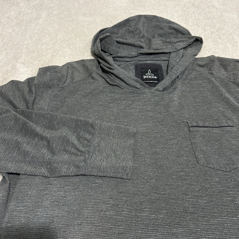 Prana  Hooded Henley Shirt Mens 2XL XXL Gray Striped Hiking Camping
